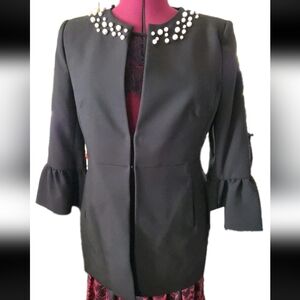 Zara Black Pearl Embellished Blazer Jacket 3/4 Sleeve Fully Lined XL NWT